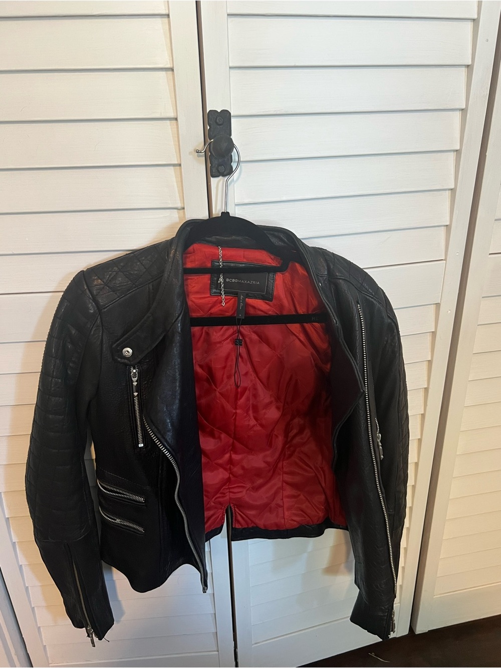 BCBGMaxAzria Black Leather Moto Jacket with Red Lining